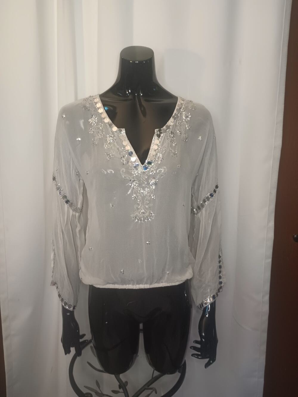 WD NY Women's Y2K Silk Boho Fairy Sequin Sheer Peasant Top 6 Ivory Festival